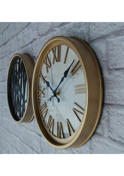 Altın(Gold) Renk Metal Kasalı Mermer Desenli Duvar Saati ve Tablo