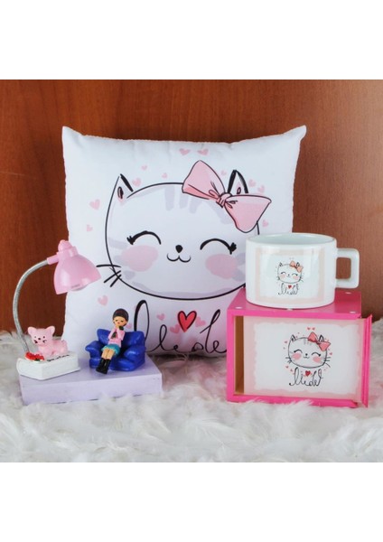 Kız Kedi Masa Lambası Puf Yastık Kedi Kutulu Kupa