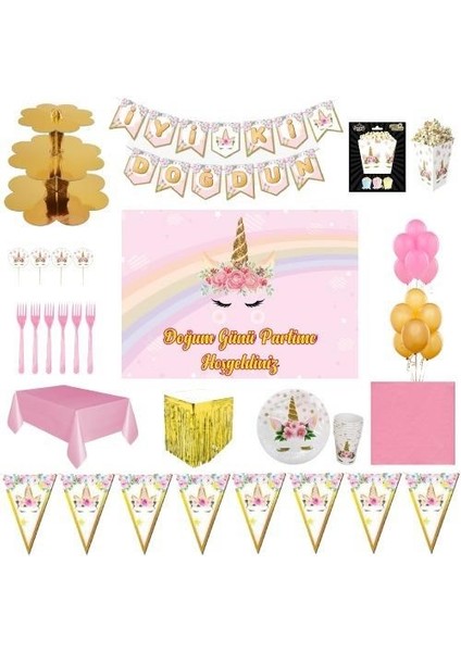 Unicorn Lüks Doğum Günü Parti Malzemeleri Afişli Set 8 Kişilik