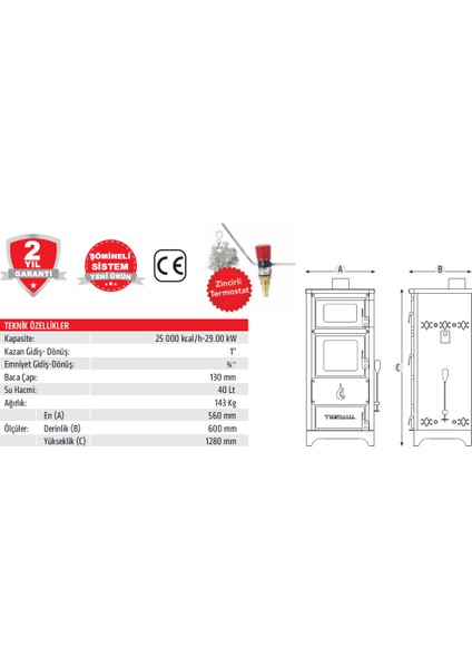 T-25 Dşk Dikey Şömine Fırınlı Kalorifer Kazanı 25.000 Kcal/h - 29,0 Kw