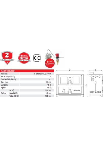 T-25 Yşk Yatay Şömine Fırınlı Kalorifer Kazanı 25.000 Kcal/h - 29,0 Kw