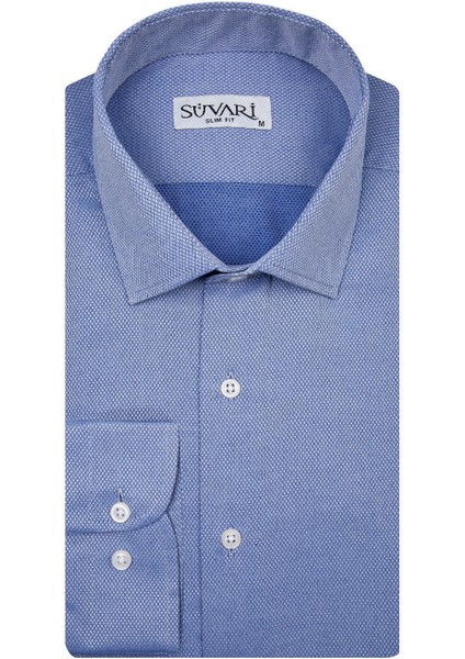 Slim Fit Armür Desenli Mavi Erkek Gömlek