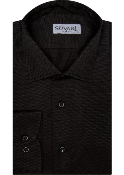 Slim Fit Armür Desenli Siyah Erkek Gömlek