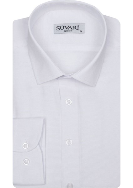 Dar Kesim Armür Desenli Beyaz Erkek Gömlek