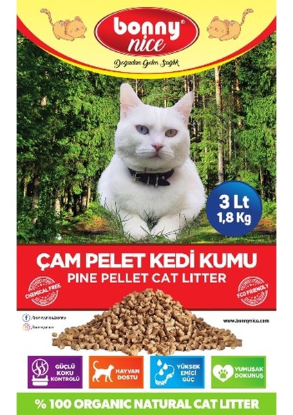 Bonny Nice Doğal Çam Peleti Kedi Kumu 1.8 kg 3 lt x 10 Paket