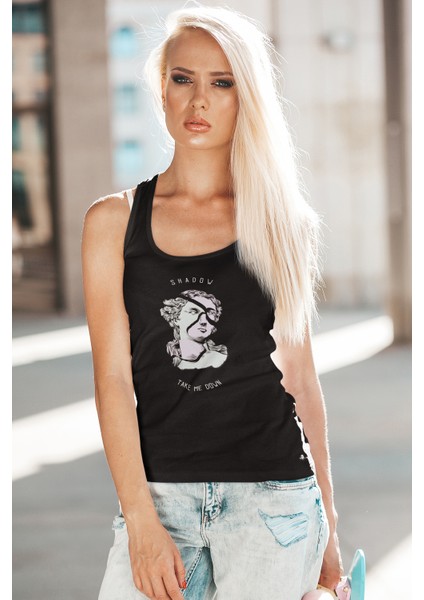 Kadın Siyah Askılı T-Shirt Dijital Baskılı