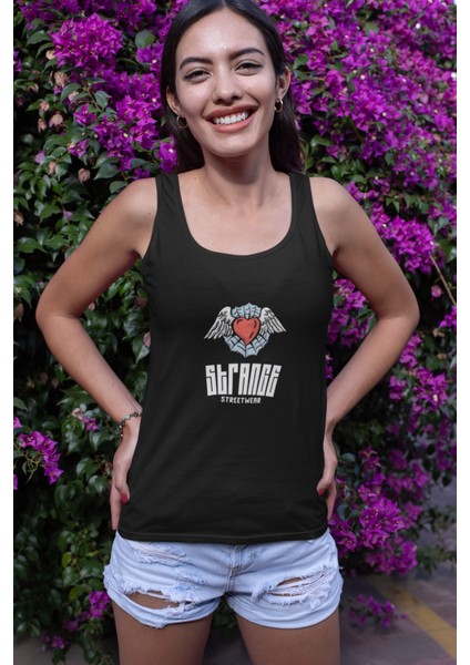 Kadın Siyah Askılı T-Shirt Dijital Baskılı