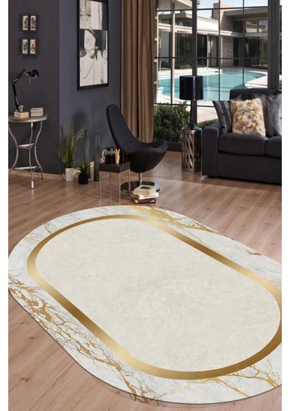 Lacivert Kristal Desenli Oval Halı (Makinada Yıkanabilir Kaymaz DotTaban) - CP552