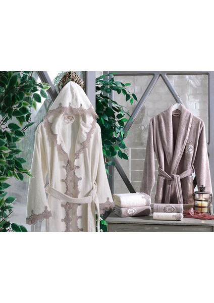 Almira Güpürlü Kapşonlu Bambu Bornoz Takımı Krem Kiremit