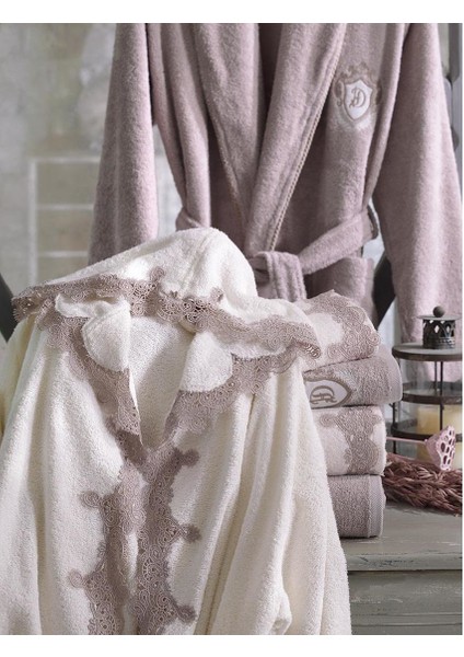 Almira Güpürlü Kapşonlu Bambu Bornoz Takımı Krem Kiremit fiyatları