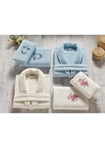 Ardora Bukle Aile Bornoz Takımı Krem Mavi