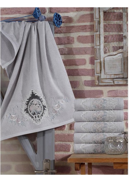 Fransız Güpürlü Nakışlı Gonca Çeyizlik Bambu Havlu Gri modelleri