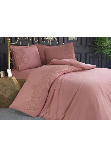 Fransız Güpürlü Deren Çift Kişilik Nevresim Takımı Pudra