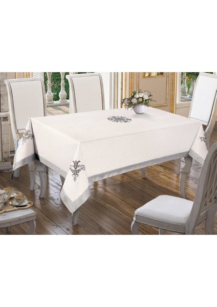 Lale Nakışlı Masa Örtüsü Krem Gri 160X260CM
