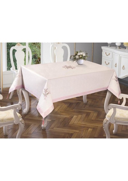Lale Nakışlı Masa Örtüsü Krem Pudra 160X260CM