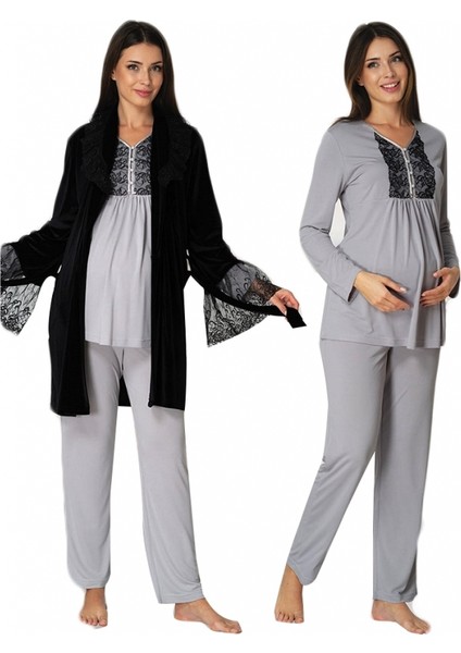 Effort Siyah Kadife Sabahlıklı Lohusa Pijama Takımı 8088