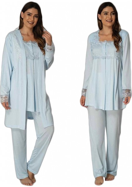 Effort Mavi Sabahlıklı Lohusa Pijama Takımı 2401