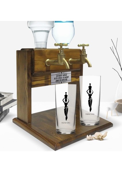Kişiye Özel Renkli Baskılı Isimli Ikili Rakı Bardağı ve Çift Musluklu Doğal Ahşap Rakı STANDI-118 fiyatları