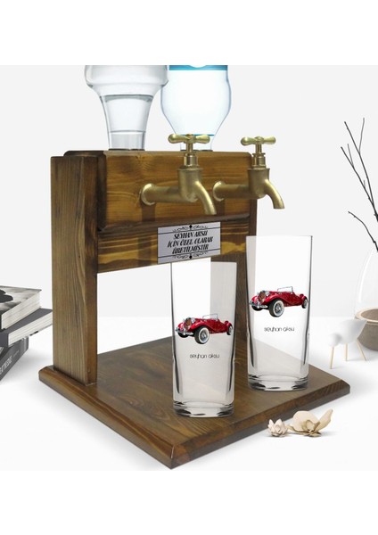 Kişiye Özel Renkli Baskılı Retro Otomobil Tasarımlı Ikili Rakı Bardağı ve Çift Musluklu Doğal Ahşap Rakı Standı-4 fiyatları