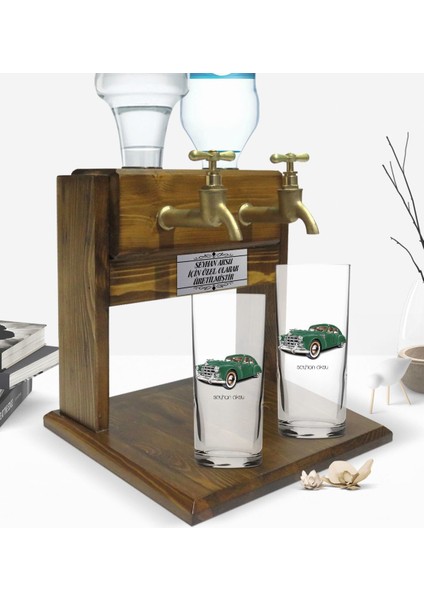 Kişiye Özel Renkli Baskılı Retro Otomobil Tasarımlı Ikili Rakı Bardağı ve Çift Musluklu Doğal Ahşap Rakı Standı-3 fiyatları