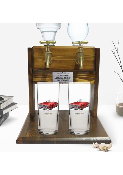 Kişiye Özel Renkli Baskılı Retro Otomobil Tasarımlı Ikili Rakı Bardağı ve Çift Musluklu Doğal Ahşap Rakı Standı-2