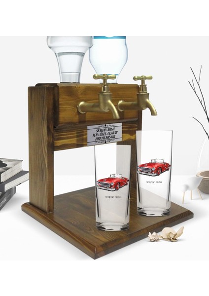 Kişiye Özel Renkli Baskılı Retro Otomobil Tasarımlı Ikili Rakı Bardağı ve Çift Musluklu Doğal Ahşap Rakı Standı-2 fiyatları