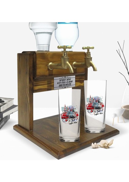 Kişiye Özel Renkli Baskılı London Tasarımlı Ikili Rakı Bardağı ve Çift Musluklu Doğal Ahşap Rakı Standı-1 fiyatları