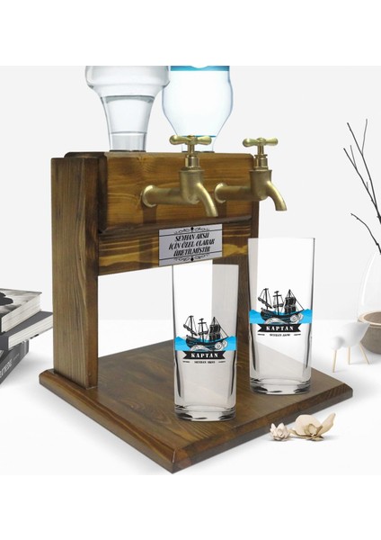 Kişiye Özel Renkli Baskılı Kaptan Tasarımlı Ikili Rakı Bardağı ve Çift Musluklu Doğal Ahşap Rakı Standı-8 fiyatları