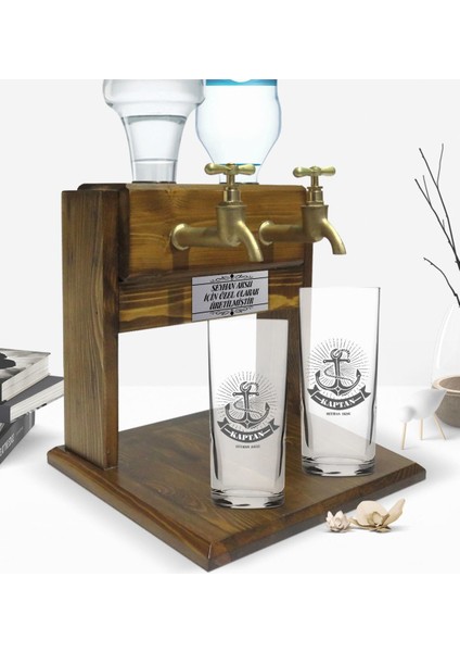 Kişiye Özel Renkli Baskılı Kaptan Tasarımlı Ikili Rakı Bardağı ve Çift Musluklu Doğal Ahşap Rakı Standı-7 fiyatları