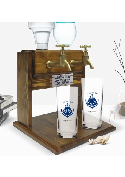 Kişiye Özel Renkli Baskılı Trabzon Tasarımlı Turistik Ikili Rakı Bardağı ve Çift Musluklu Doğal Ahşap Rakı Standı-1 fiyatları