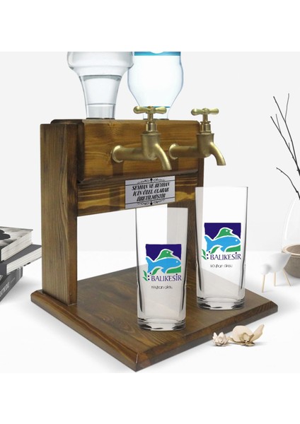 Kişiye Özel Renkli Baskılı Balıkesir Tasarımlı Turistik Ikili Rakı Bardağı ve Çift Musluklu Doğal Ahşap Rakı Standı-1 fiyatları