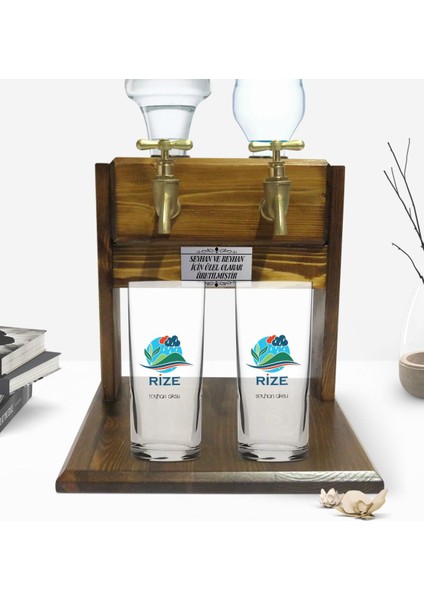 Kişiye Özel Renkli Baskılı Rize Tasarımlı Turistik Ikili Rakı Bardağı ve Çift Musluklu Doğal Ahşap Rakı Standı-1