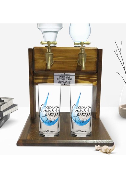 Kişiye Özel Renkli Baskılı Dördüncü Cemre Tasarımlı Ikili Rakı Bardağı ve Çift Musluklu Doğal Ahşap Rakı Standı-1