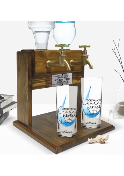 Kişiye Özel Renkli Baskılı Dördüncü Cemre Tasarımlı Ikili Rakı Bardağı ve Çift Musluklu Doğal Ahşap Rakı Standı-1 fiyatları