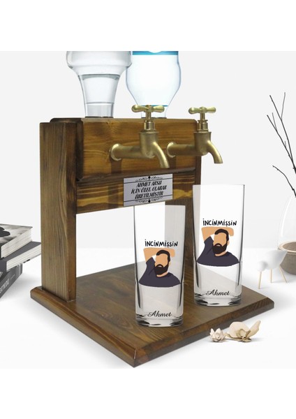 Kişiye Özel Renkli Baskılı Incinmişşin Dedi Tasarımlı Ikili Rakı Bardağı ve Çift Musluklu Doğal Ahşap Rakı Standı-1 fiyatları