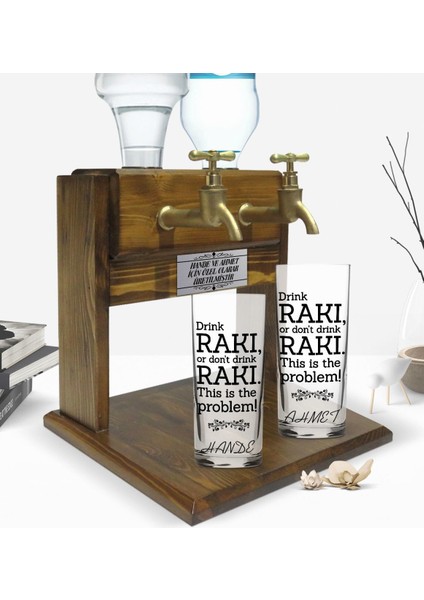 Kişiye Özel Renkli Baskılı Drink Rakı Tasarımlı Ikili Rakı Bardağı ve Çift Musluklu Doğal Ahşap Rakı Standı-1 fiyatları