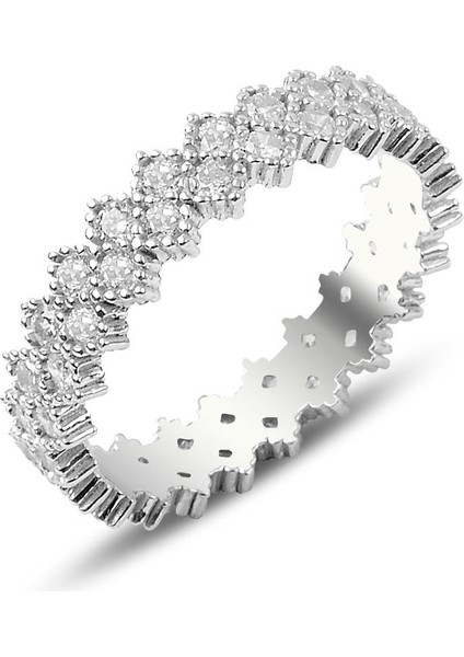 Gümüş Çapraz Taşlı Çift Sıralı Tamtur Yüzük