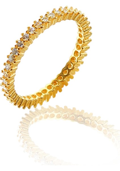 Gümüş Altın Renkli Zirkon Taşlı Tek Sıra Tamtur Yüzük 925 Ayar