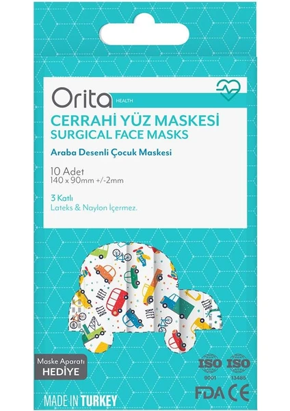 Çocuk Cerrahi Yüz Maskesi&nbsp;araba Desenli Aparat 10 Adet