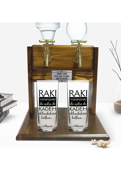 Kişiye Özel Renkli Baskılı Rakı Yanındaki Ile Içilse De Tasarımlı Ikili Rakı Bardağı ve Çift Musluklu Doğal Ahşap Rakı Standı-1