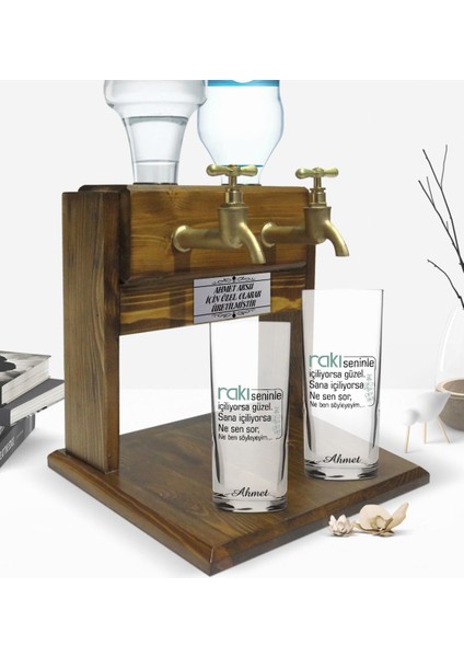 Kişiye Özel Renkli Baskılı Rakı Seninle Içiliyorsa Güzel Tasarımlı Ikili Rakı Bardağı ve Çift Musluklu Doğal Ahşap Rakı Standı-1 fiyatları