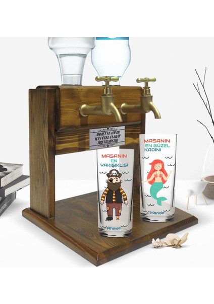 Kişiye Özel Renkli Baskılı Masanın En Yakışıklısı - En Güzel Kadını Tasarımlı Ikili Rakı Bardağı ve Çift Musluklu Doğal Ahşap Rakı Standı-1 fiyatları