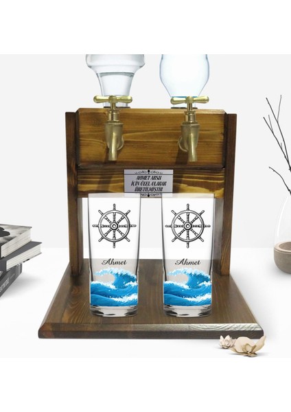 Kişiye Özel Renkli Baskılı Dümen Tasarımlı Ikili Rakı Bardağı ve Çift Musluklu Doğal Ahşap Rakı Standı-1