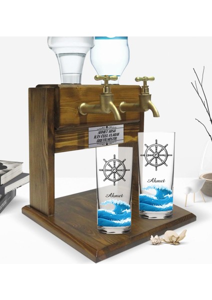 Kişiye Özel Renkli Baskılı Dümen Tasarımlı Ikili Rakı Bardağı ve Çift Musluklu Doğal Ahşap Rakı Standı-1 fiyatları