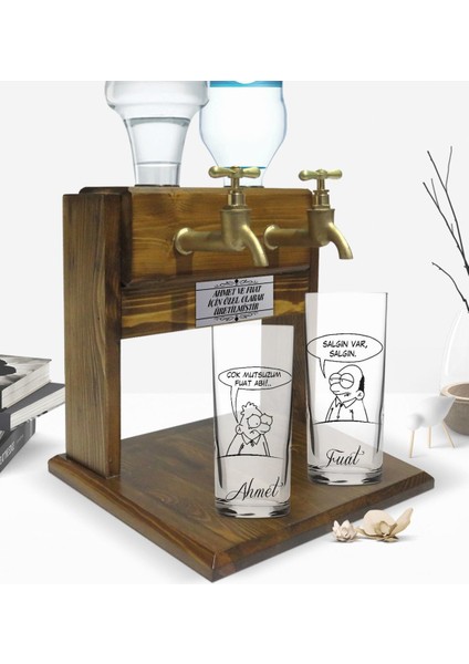 Kişiye Özel Renkli Baskılı Salgın Var Salgın Tasarımlı Ikili Rakı Bardağı ve Çift Musluklu Doğal Ahşap Rakı Standı-1