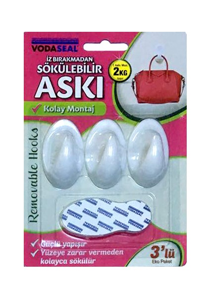 Iz Bırakmadan Sökülebilir Askı - 3 Lü Beyaz, Orta 2kg