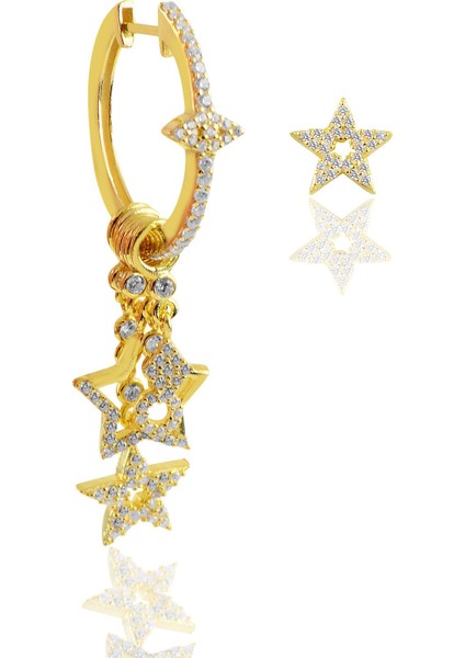 Gümüş Altın Yaldızlı Zirkon Taşlı Lotus Şans Küpesi