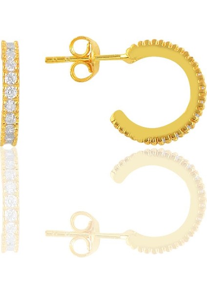 Gümüş Altın Yaldızlı Zirkon Taşlı 13 mm Tamtur Halka Küpe