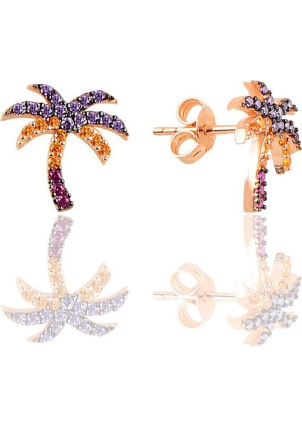 Gümüş Renkli Taşlı Rose Palmiye Küpe