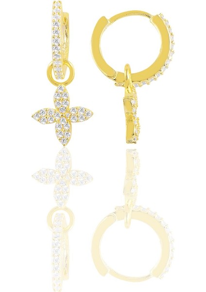 Gümüş Altın Yaldızlı Dört Yapraklı Yonca Halka Küpe